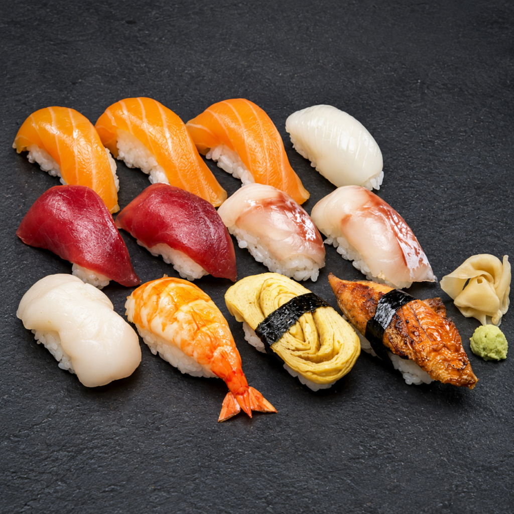 plateau de 12 nigiri sur ardoise noire